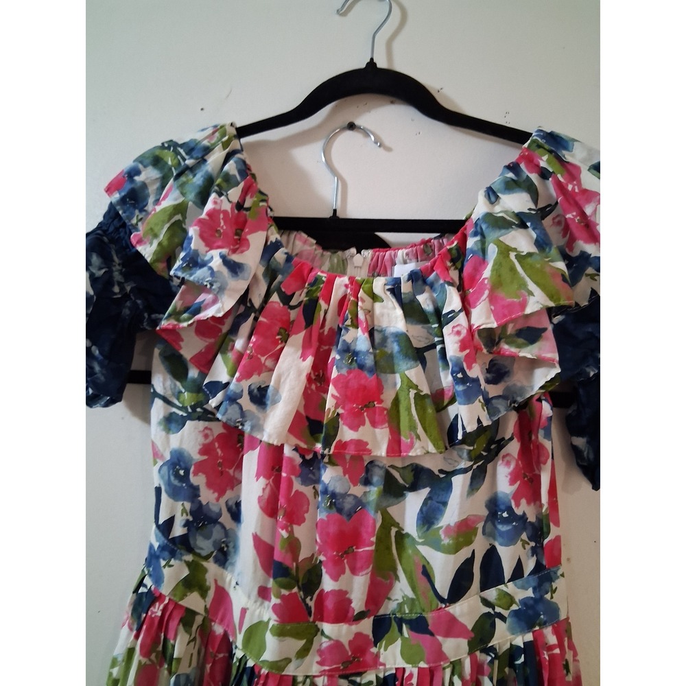 MISA Los Angeles Floral Tie Dye Ruffle Off Shoulder Maxi Dress Pink Blue Size M - Picture 4 of 9